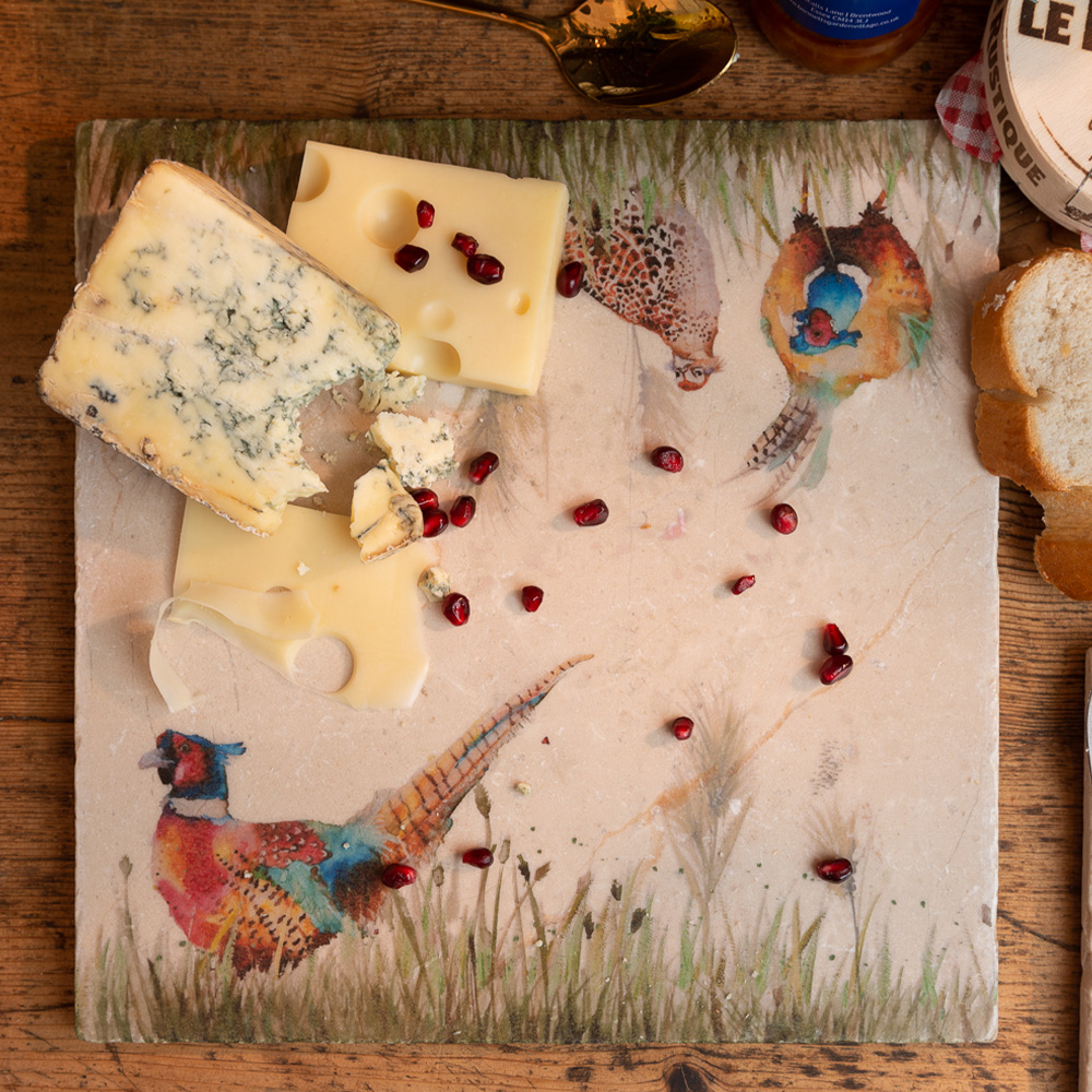 Marble cheese platter - pheasant in grass (square)
